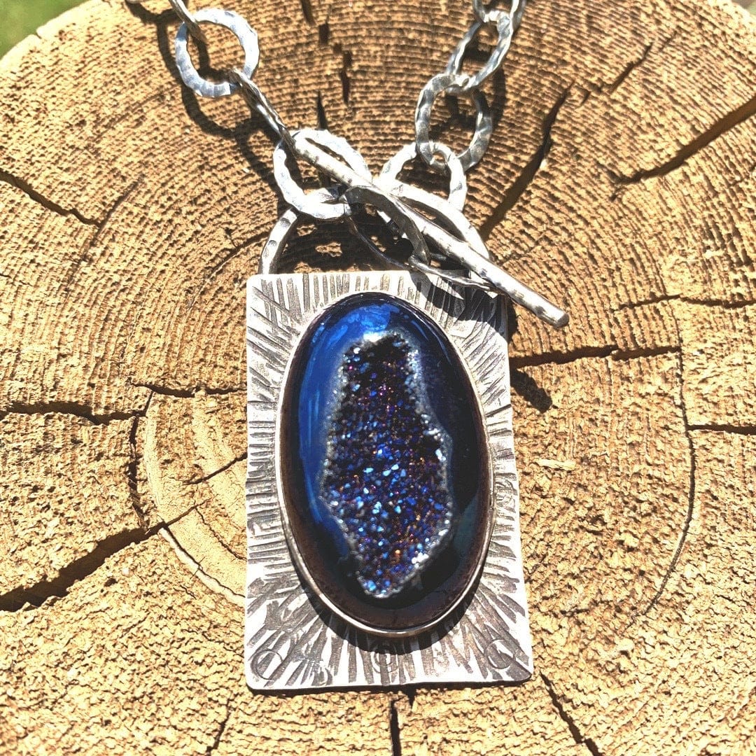 Agate Druzy L pendant necklace on wood