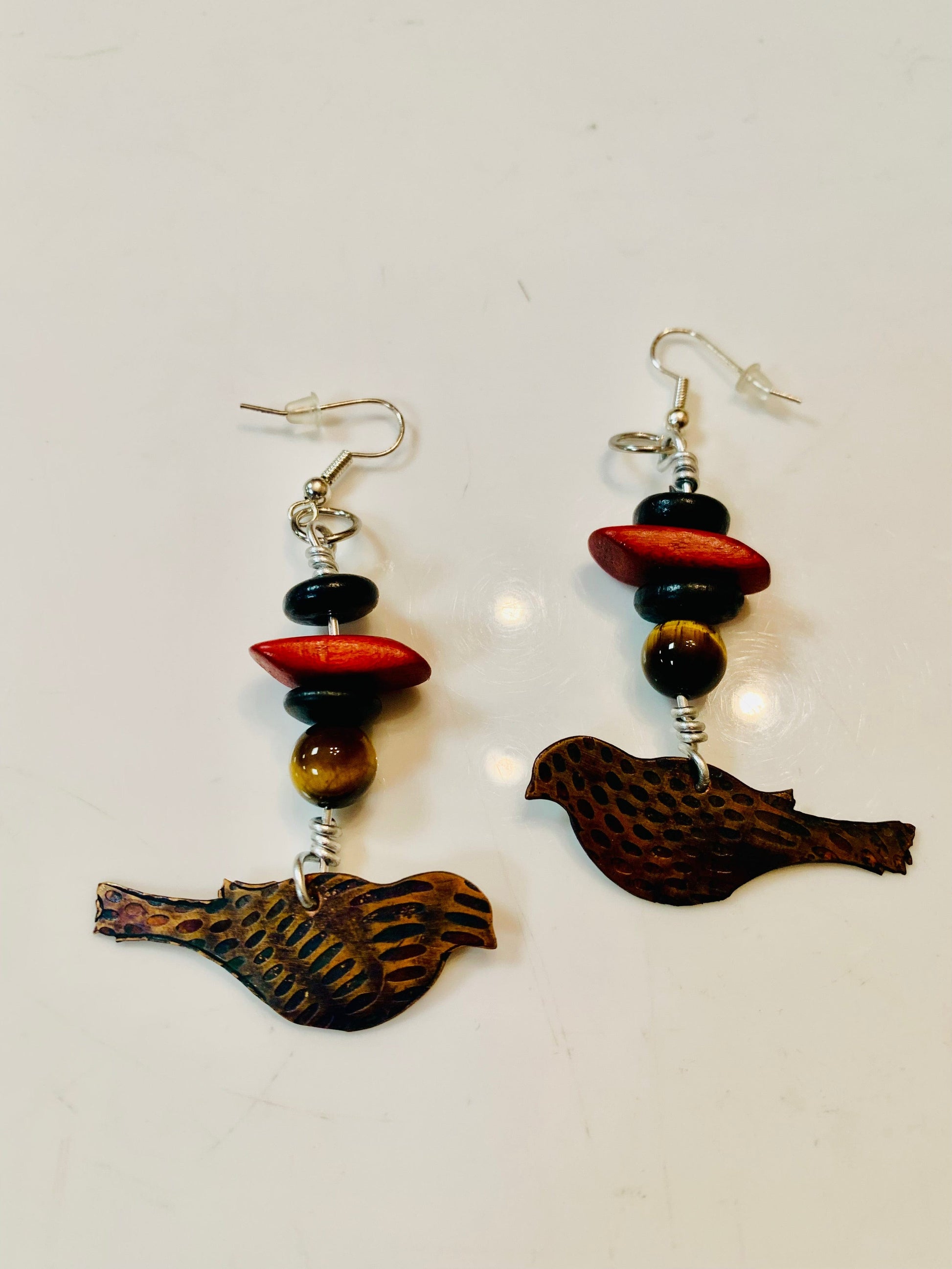 Bird earrings with tiger eye beads