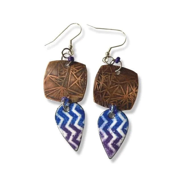 BrokenGlass earrings with copper and blue/purple chevron pattern