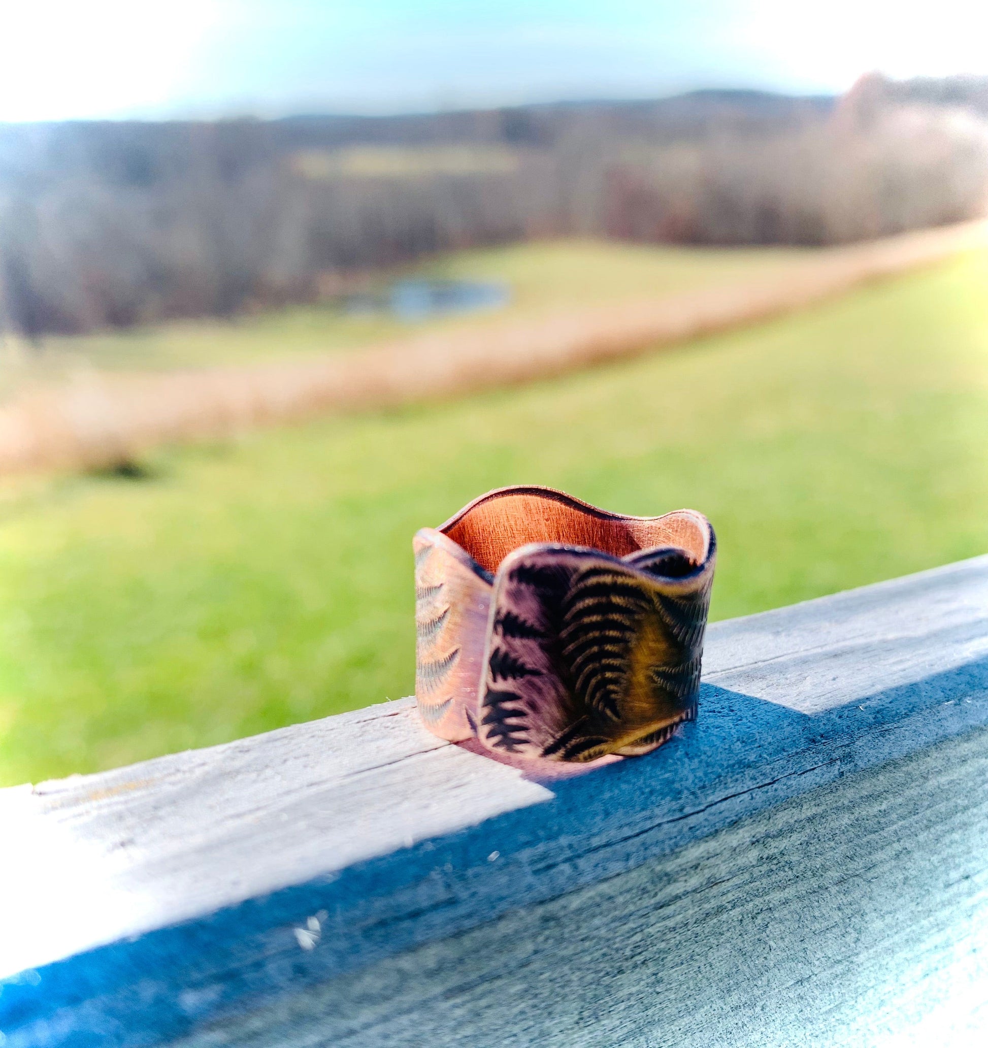 Copper band ring with fern design, set against a scenic backdrop.