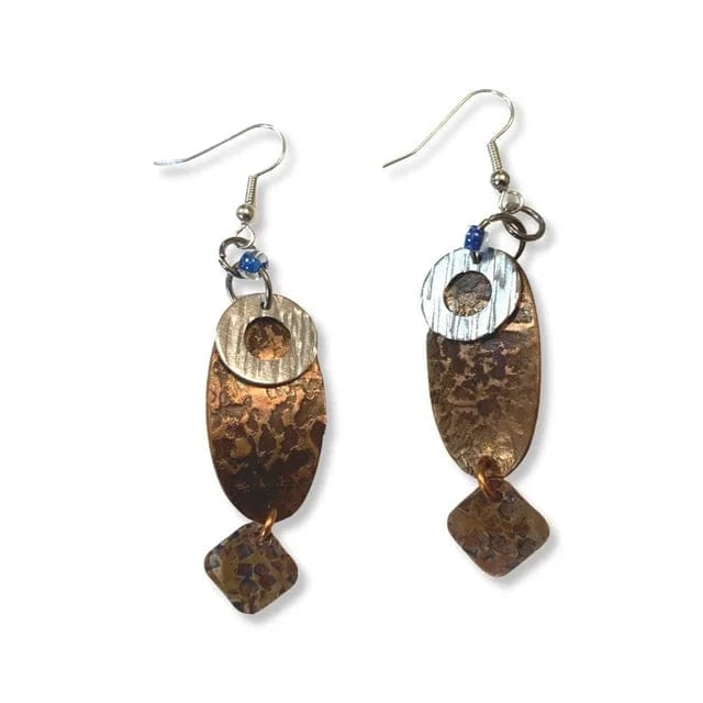 Copper textured earrings with silver accents
