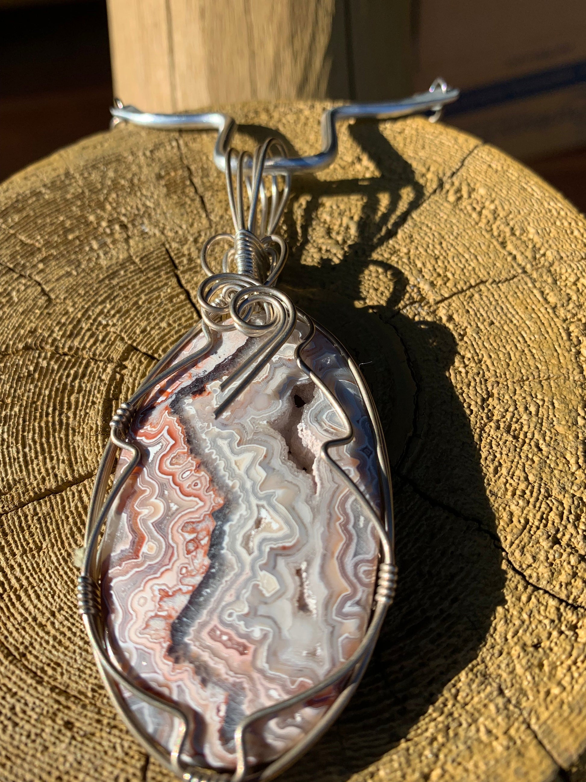 Crazy Lace Agate pendant in wire wrap