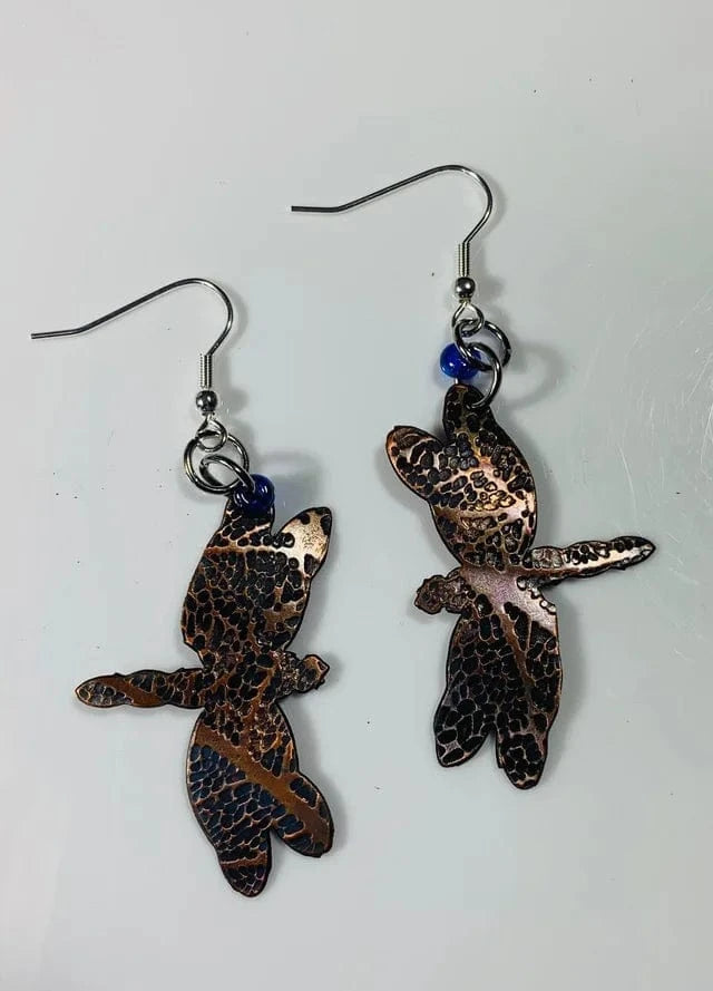 Dragonfly earrings with blue bead accents