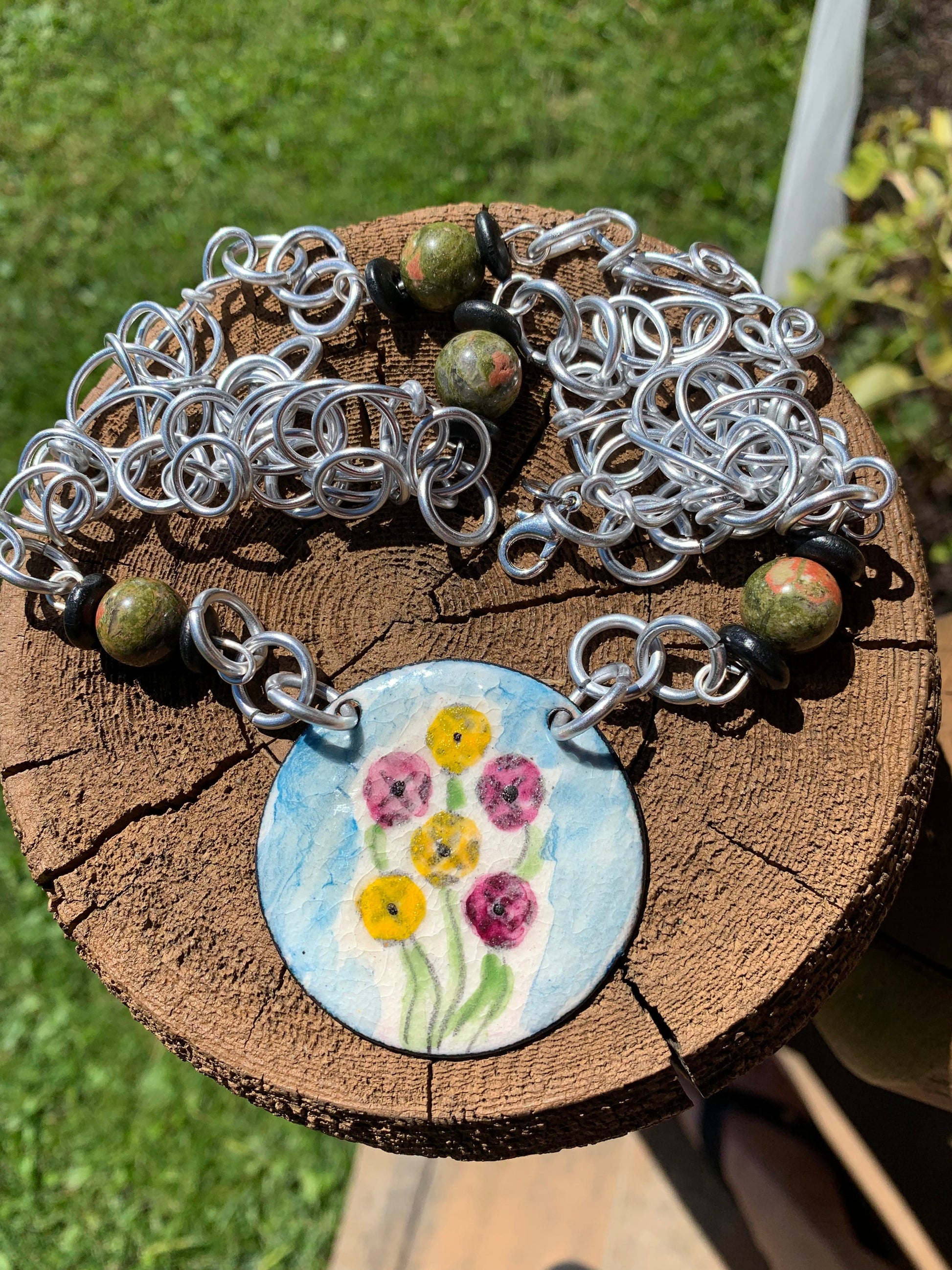 Handmade floral pendant necklace with silver chain,...