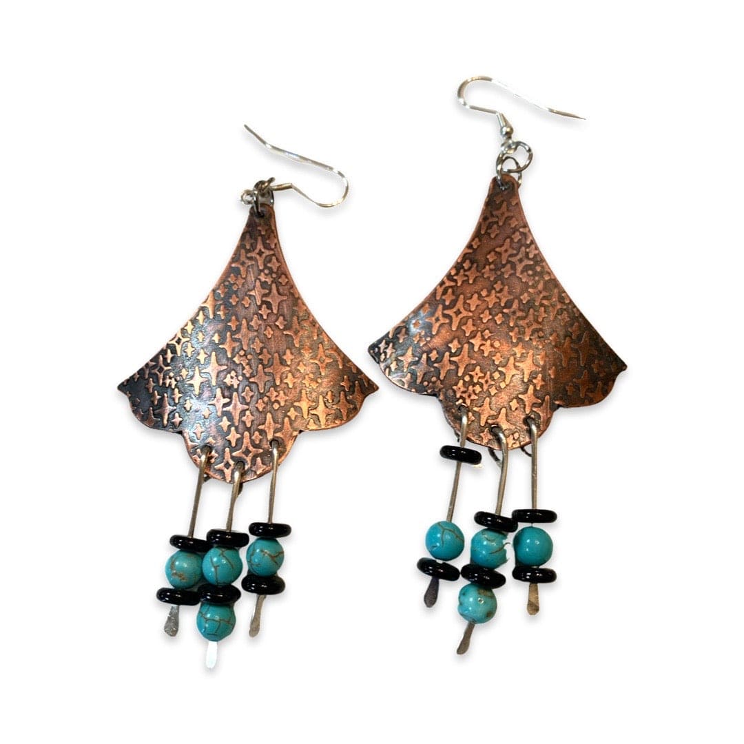 Copper earrings with turquoise and black beads