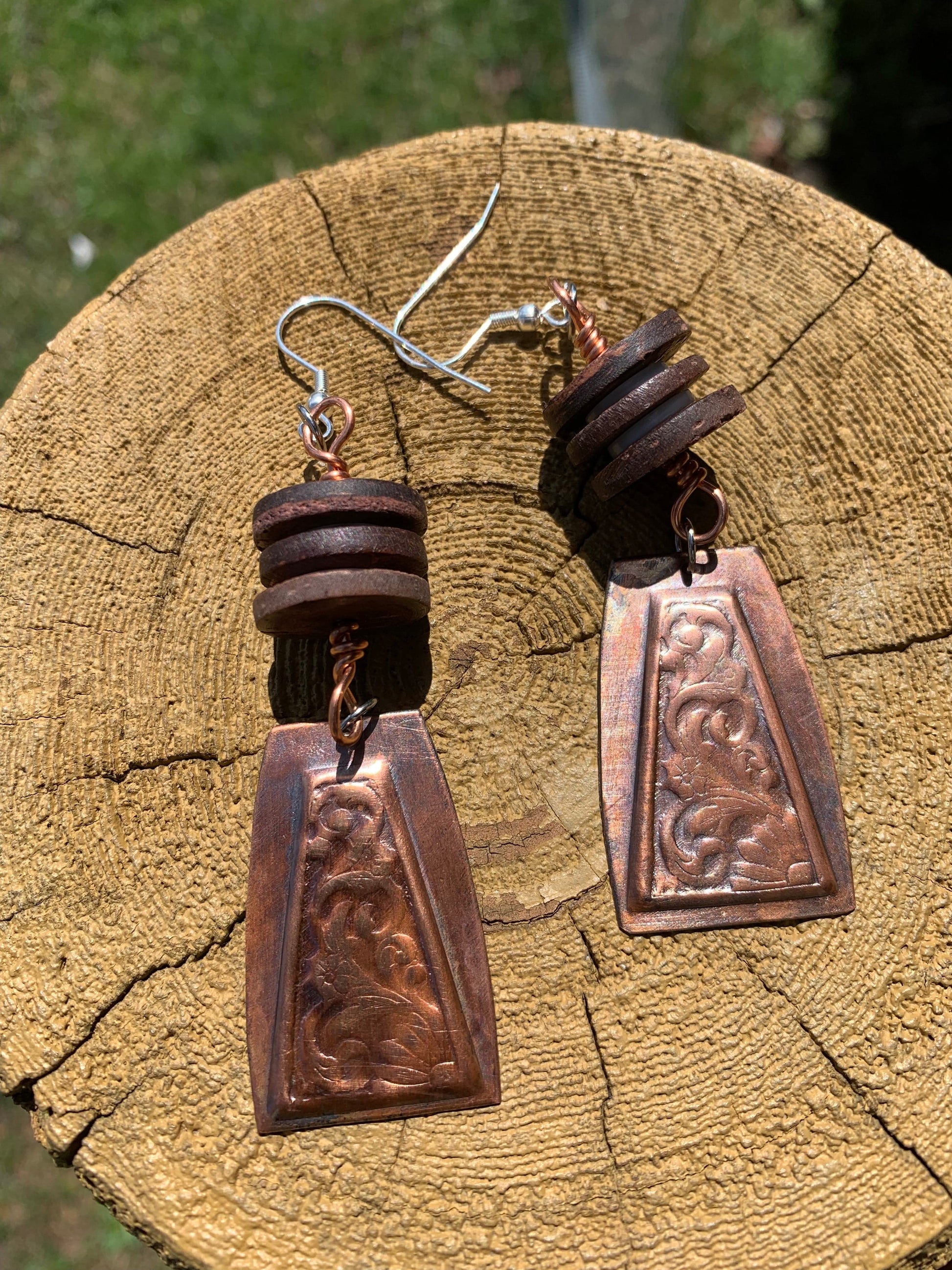 Floral engraved copper earrings