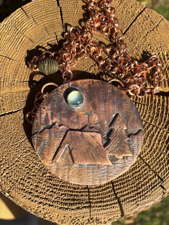 Forest camping themed copper pendant necklace