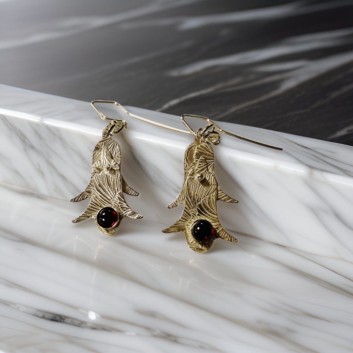 Garnet Bell Earrings - Detailed gold floral design