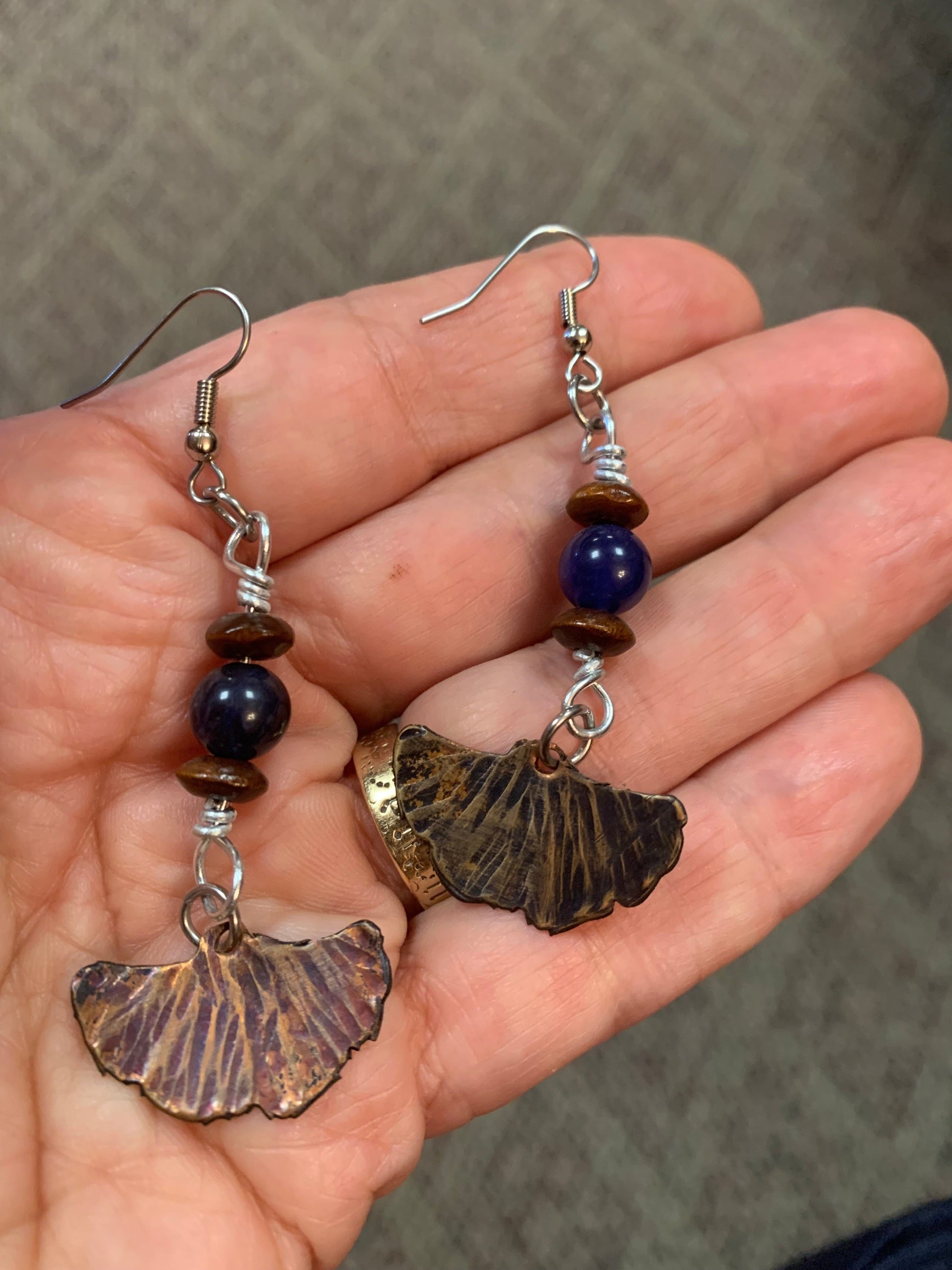 Gingko Lapis earrings with brown and blue beads