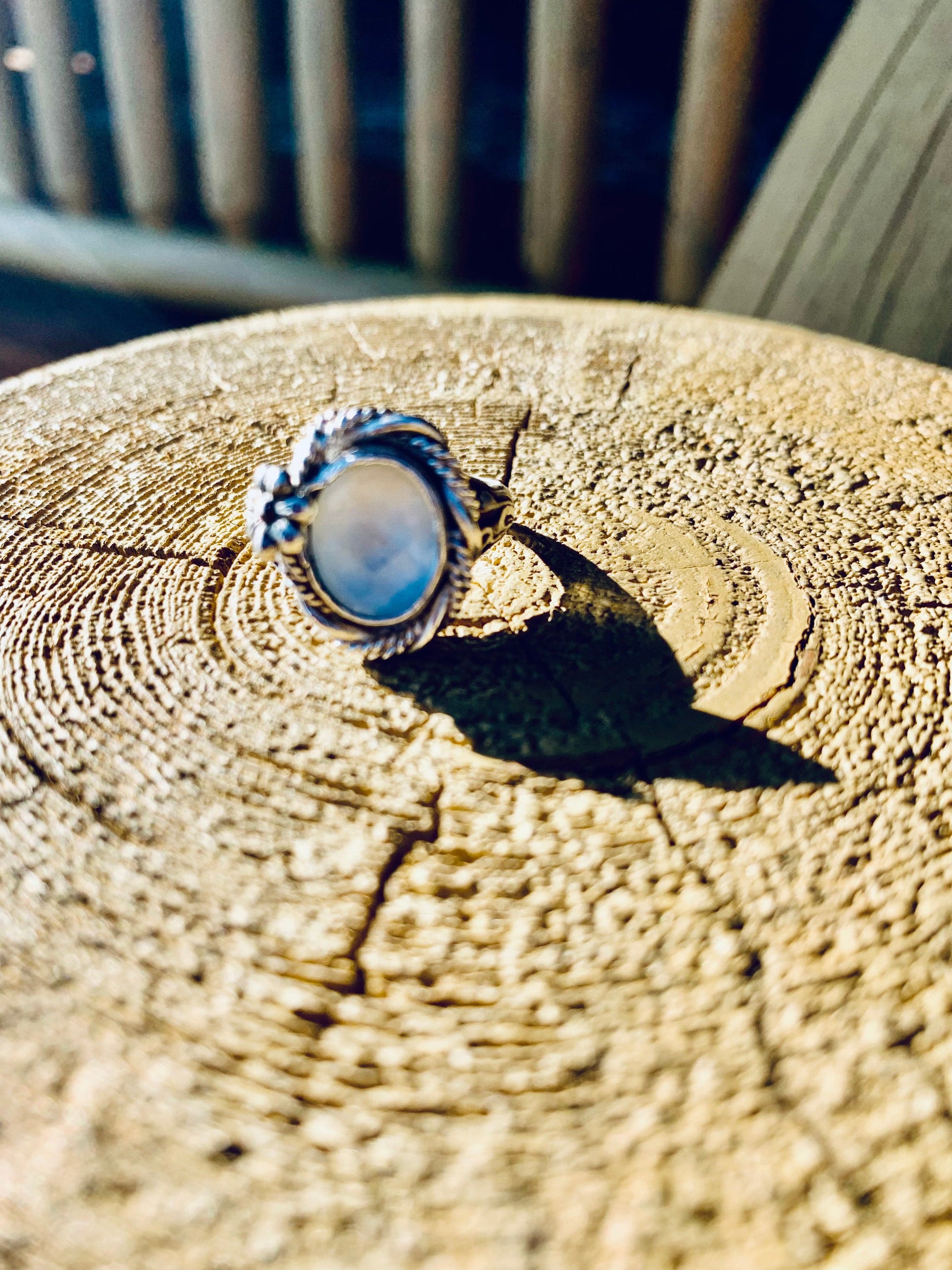 Green Amethyst ring on wood