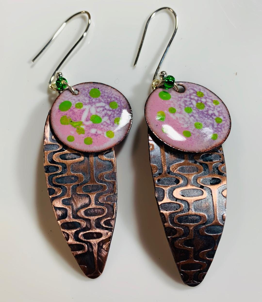 Pink and green dot earrings on copper, artistic jewelry
