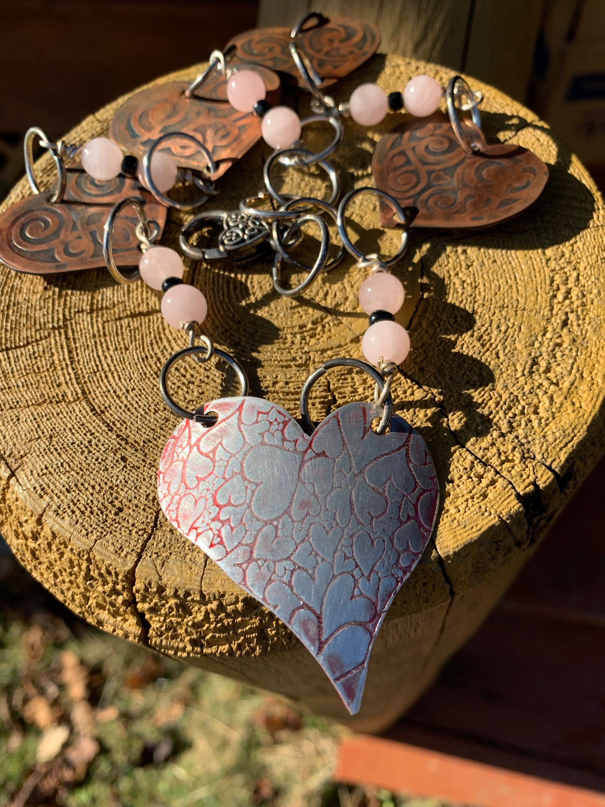 Copper heart necklace with rose quartz beads