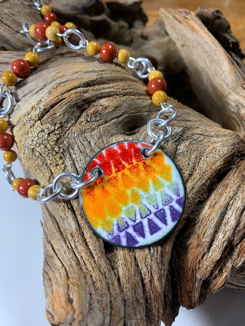 Melding of Ways necklace with colorful enamel pendant