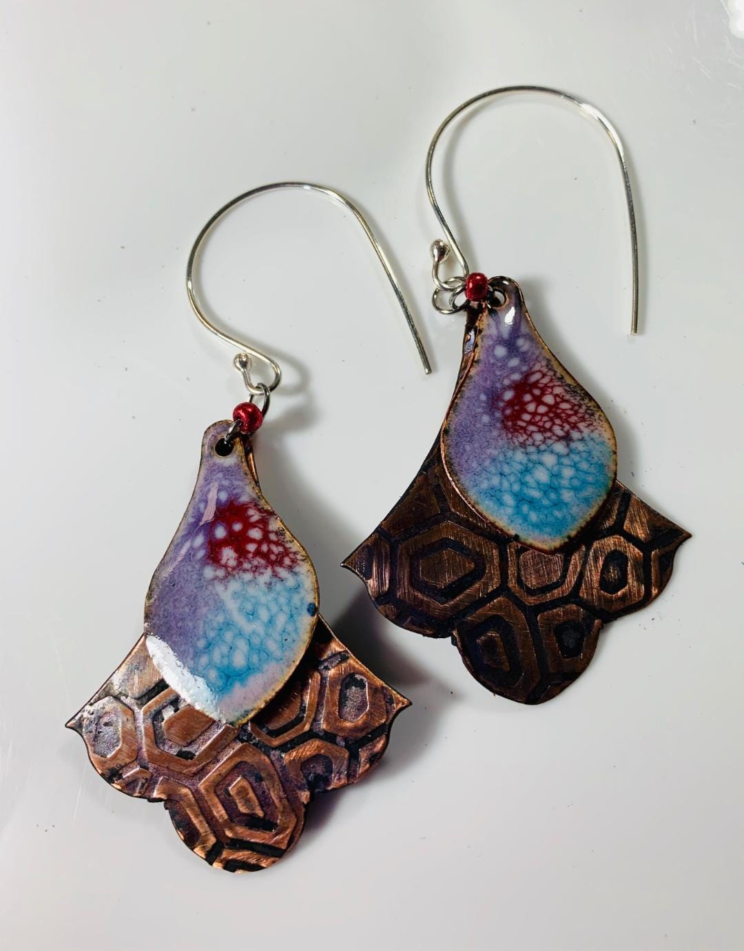 Enamel & copper earrings with unique pattern.