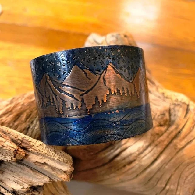 Mountain range etched on metal cuff bracelet