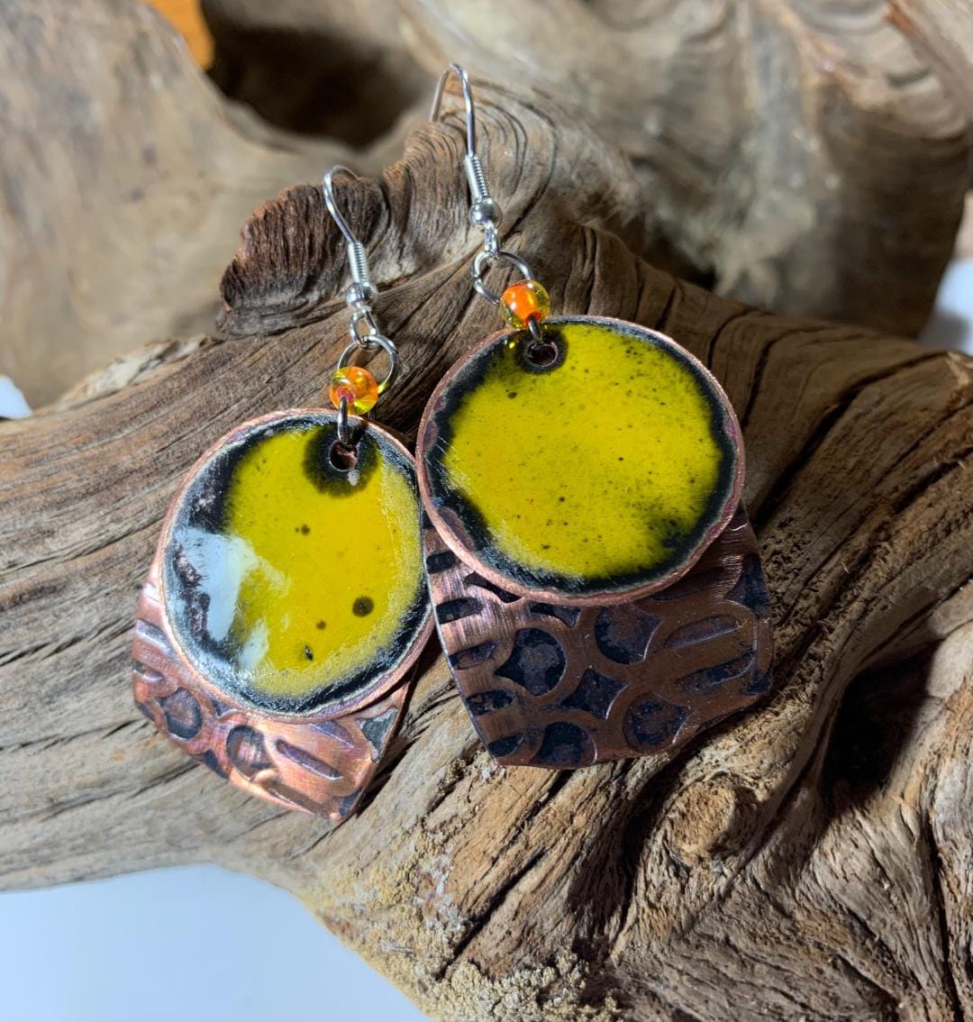 MysteriousOrb earrings with yellow enamel and copper detail