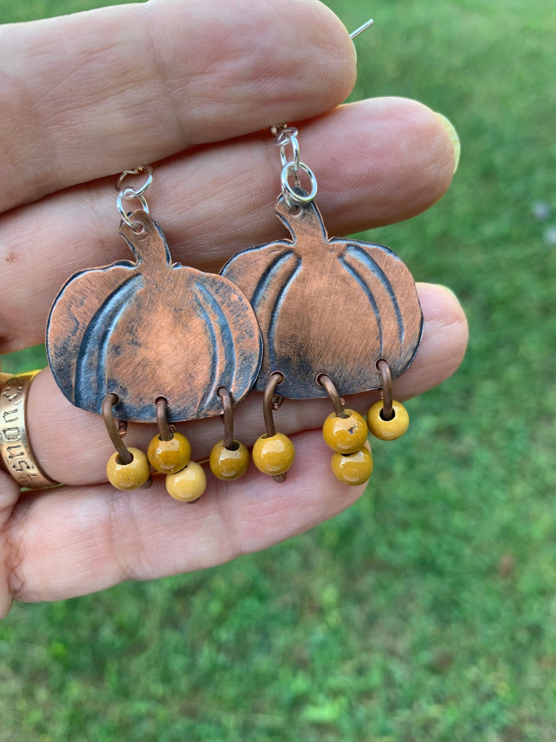 Pumpkin Mookite earrings with yellow beads