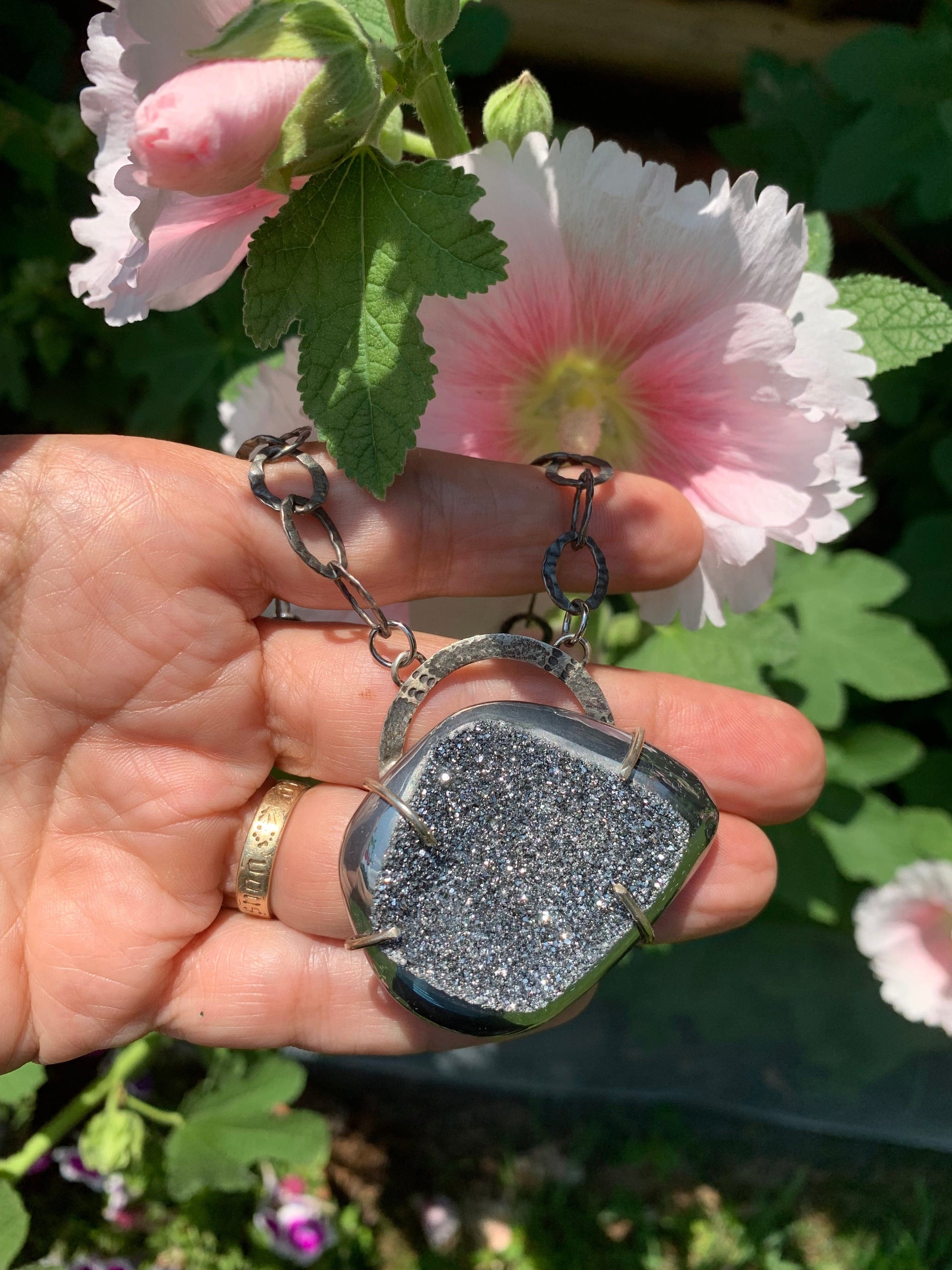 Silver Druzy pendant necklace with pink flowers