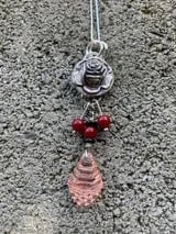 Silver Rose pendant necklace with red beads and pink teardrop