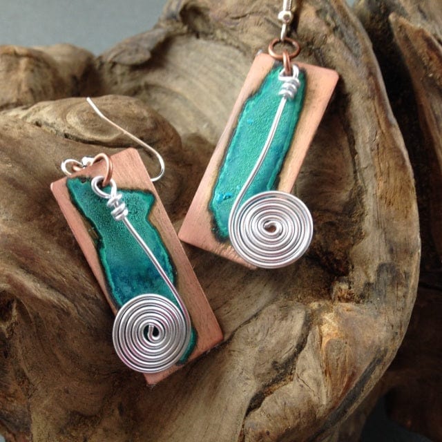 Silver Swirls earrings with copper and teal accents