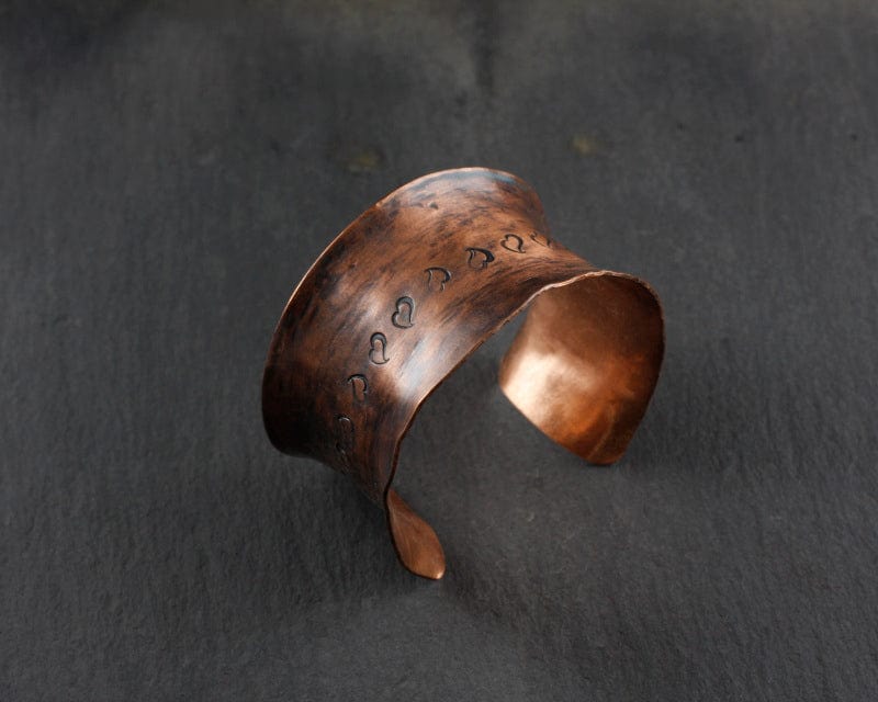 Stamped heart copper cuff bracelet