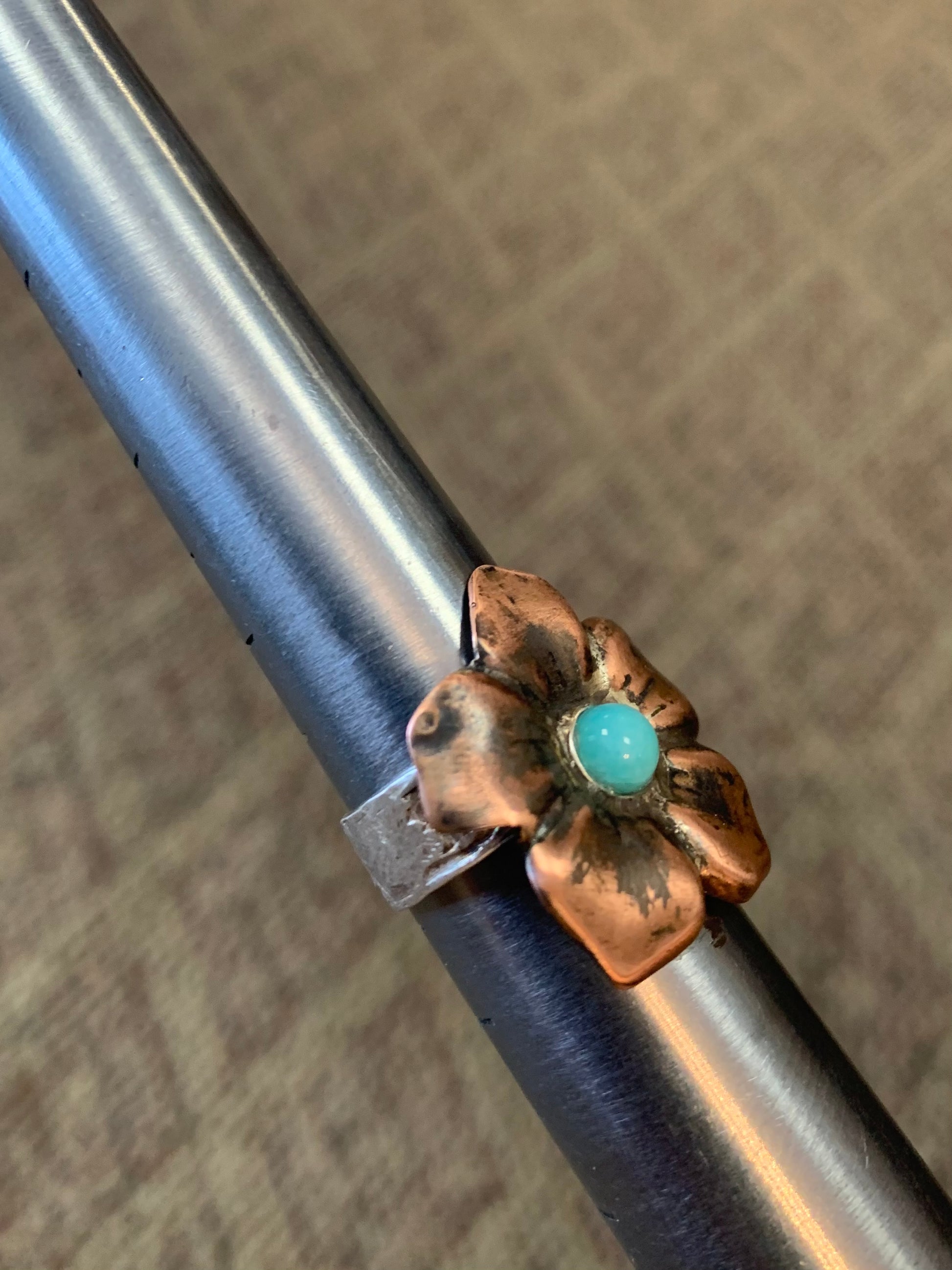 Copper Flower with Turquoise on Silver Band Ring Size 8