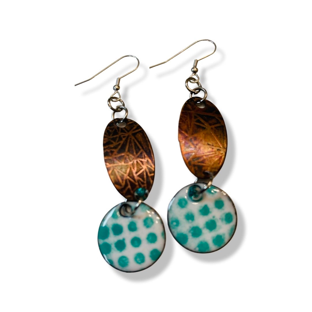 Copper and Teal Polka Dot Enamel Earrings