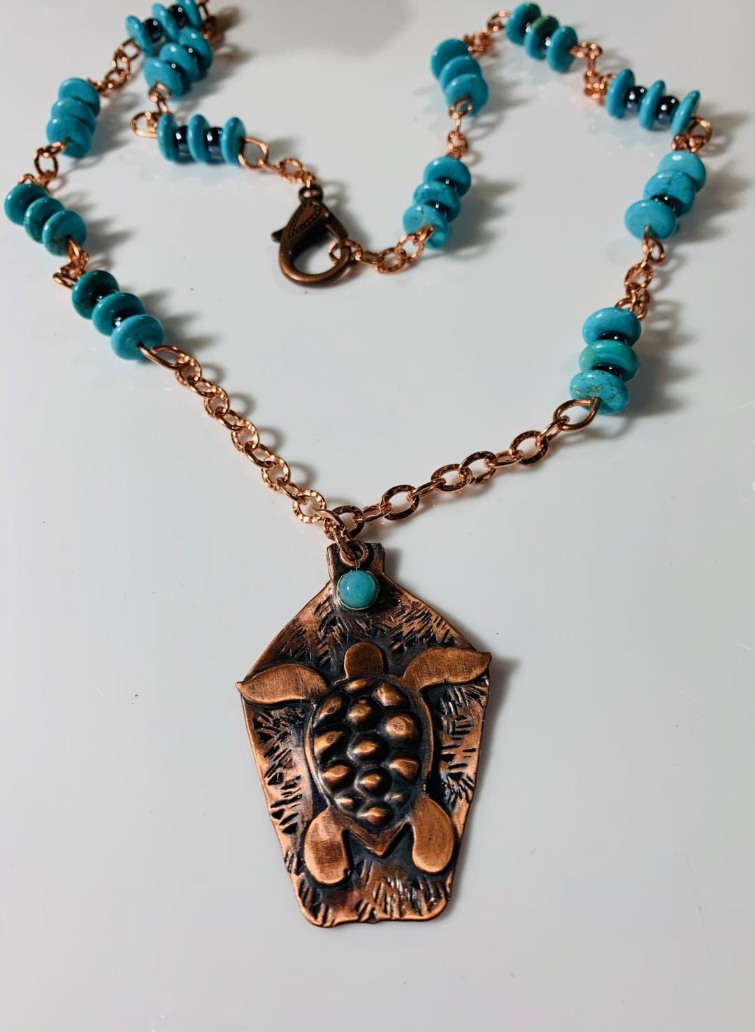 Turtle Pendant Necklace with Turquoise & Amazonite beads