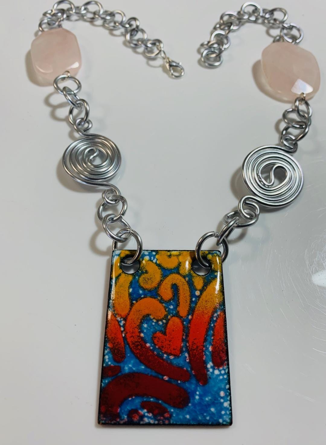 Colorful enamel pendant necklace with rose quartz