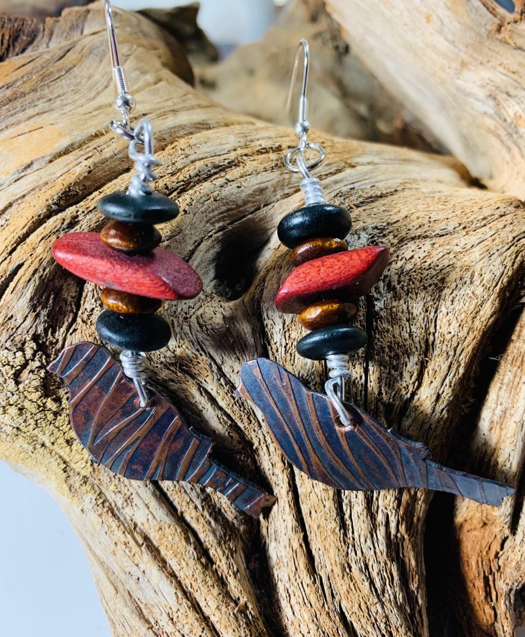 Bird earrings with wood and stone beads