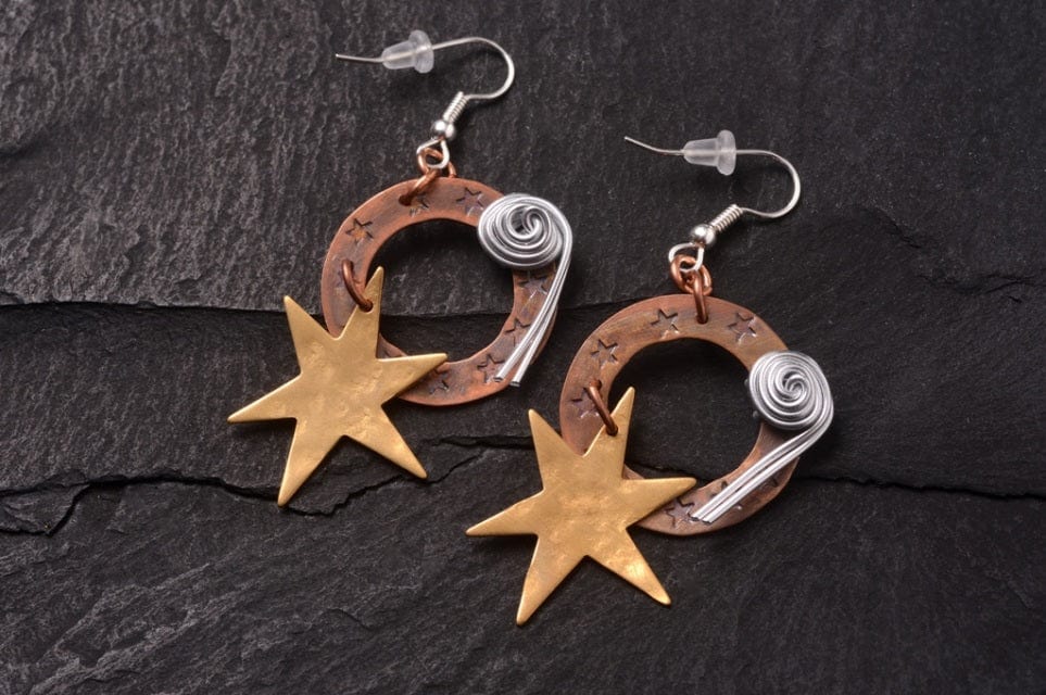 Shooting star earrings with gold stars and spiral accents