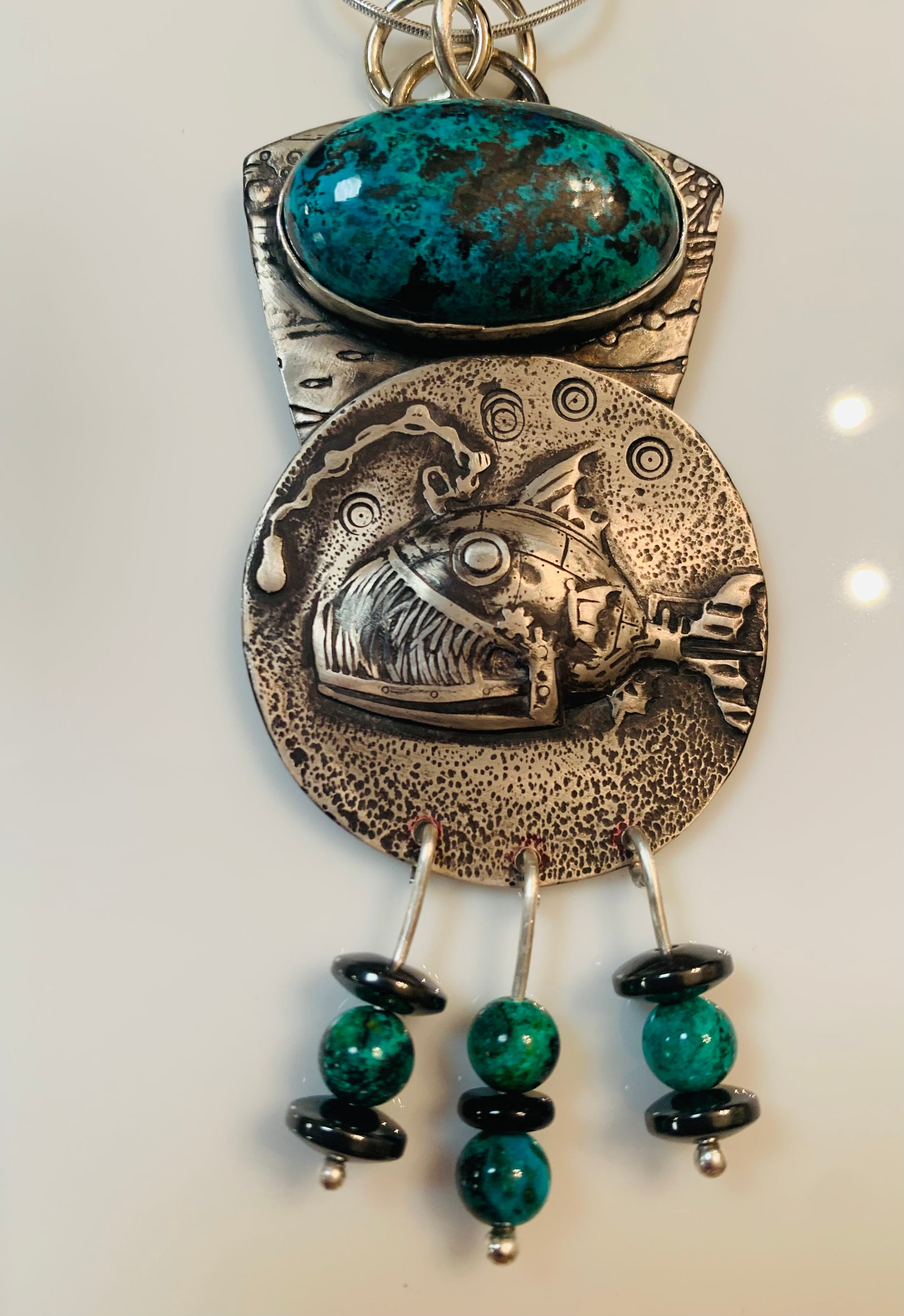 'Toothy' Angelfish Chrysocolla Silver Pendant