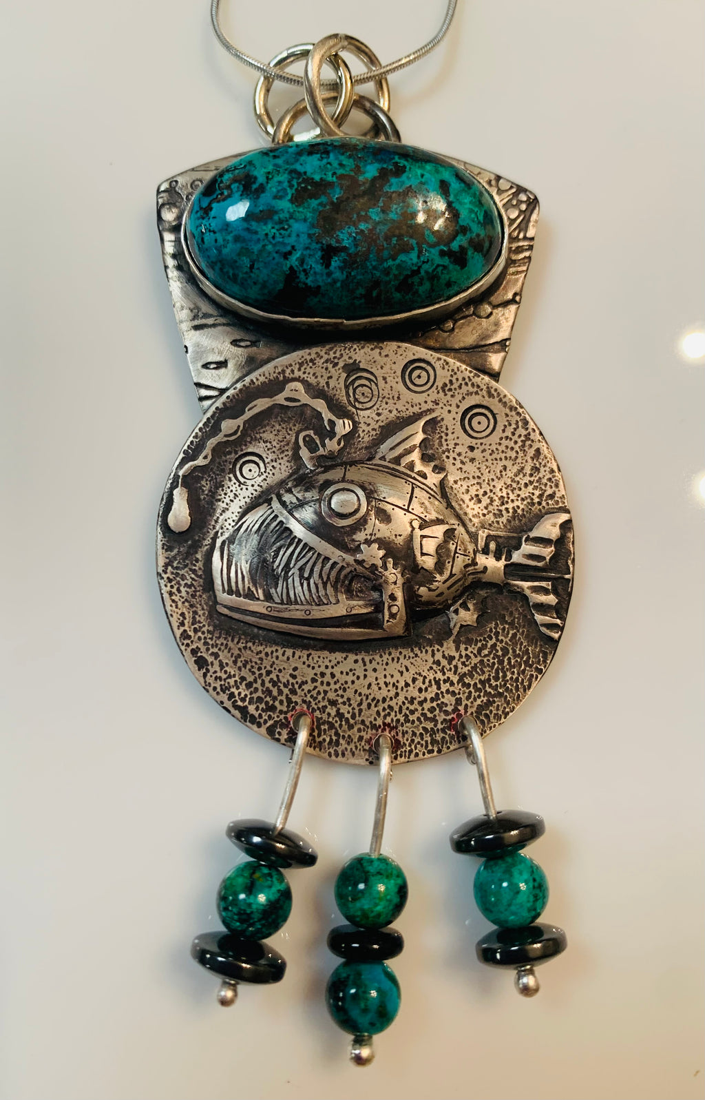 'Toothy' Angelfish Chrysocolla Silver Pendant