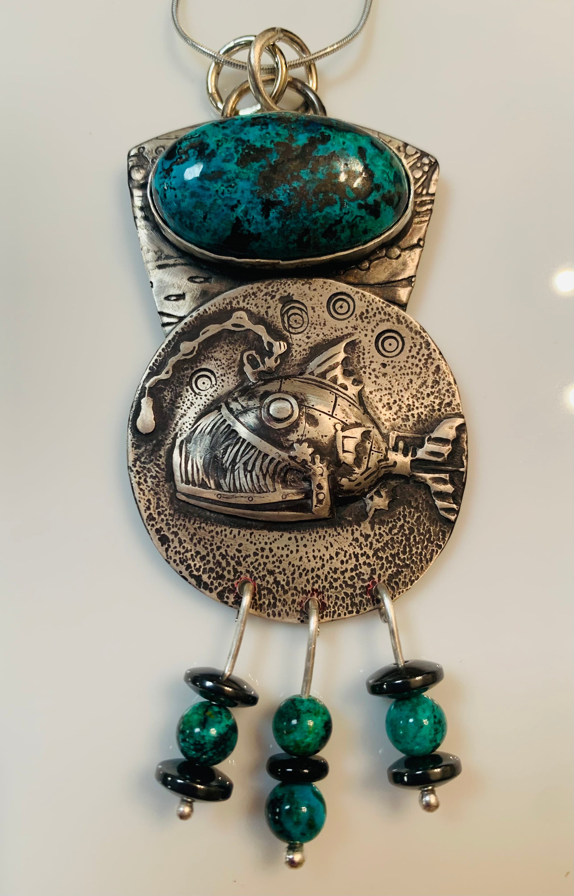 'Toothy' Angelfish Chrysocolla Silver Pendant