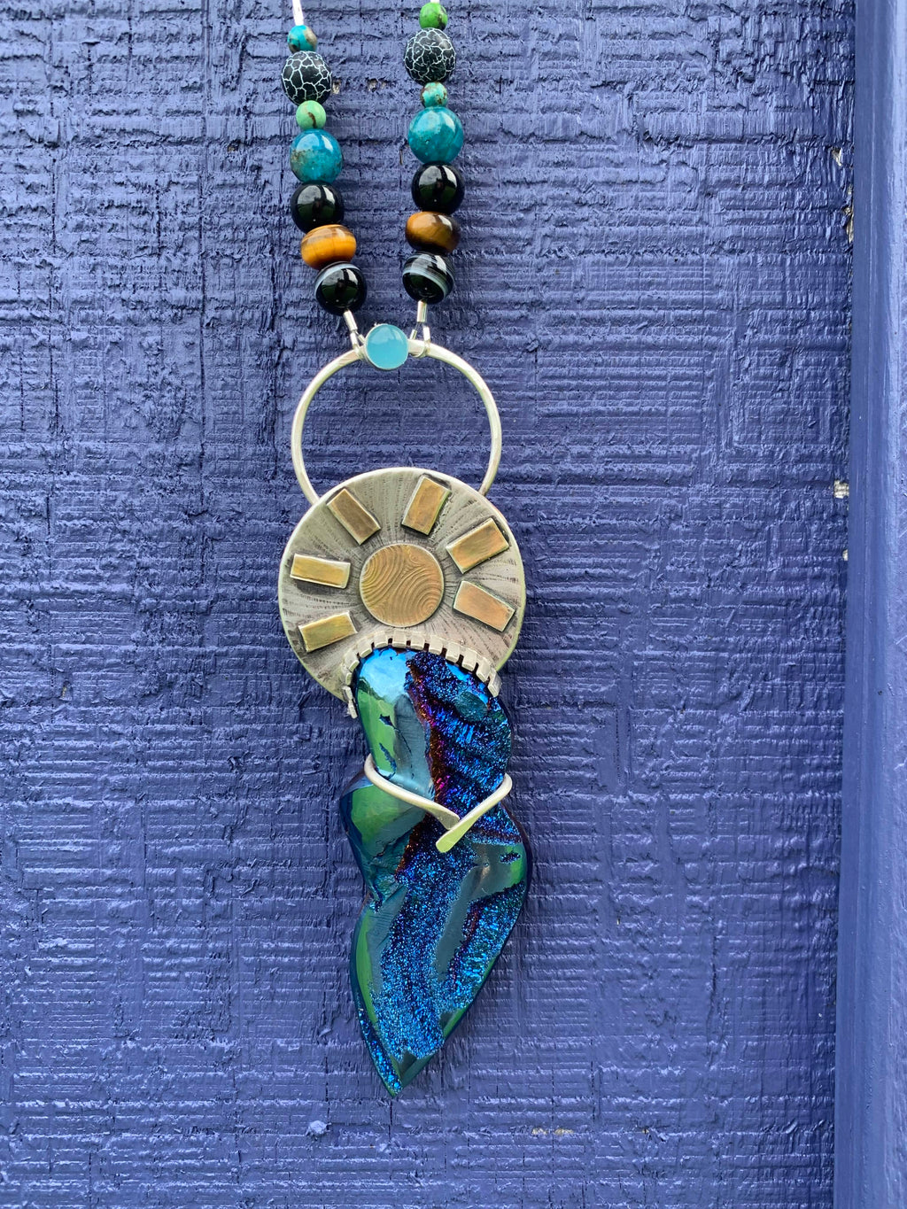 Goddess Titanium Coquina necklace with handcrafted Tiger's Eye Malachite and Apatite gemstone chain
