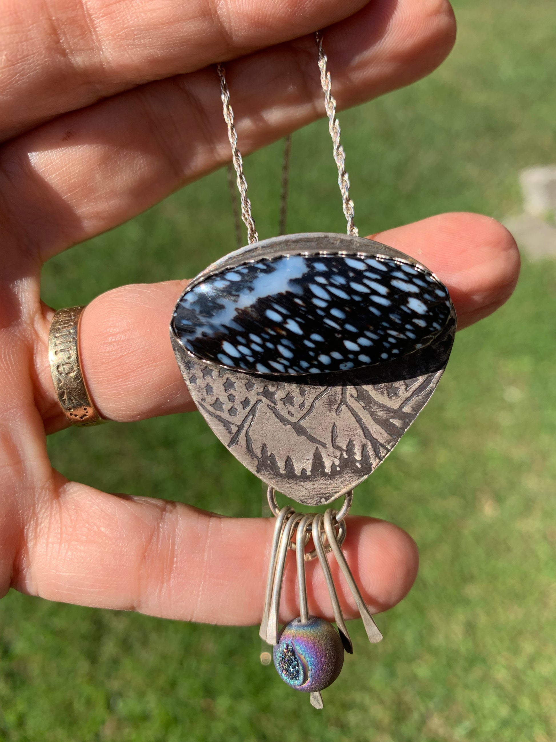 Starry Night pendant with mountain scene