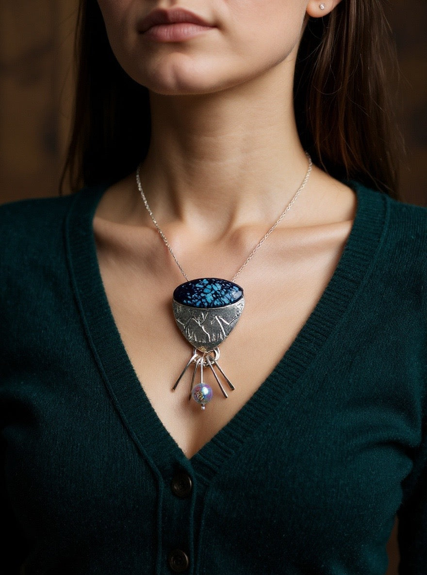 Woman wearing Starry Night pendant necklace