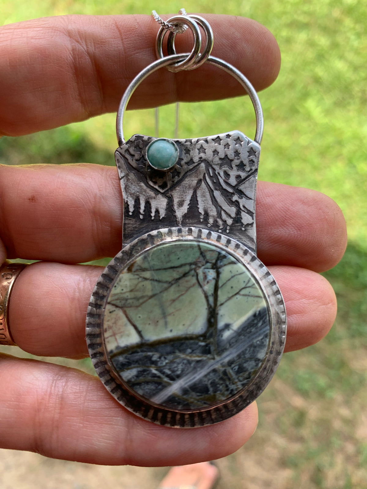 High Mountain Forest Green Maligano Jasper sterling silver art necklace by Christine Keller