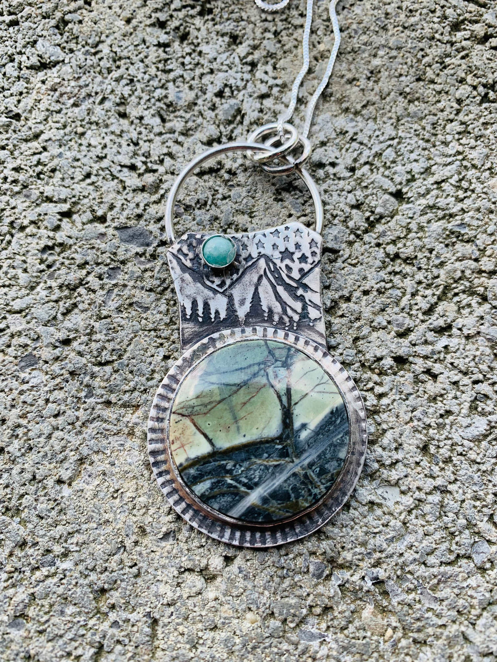 High Mountain Forest Maligano Jasper and Turquoise landscape pendant in handcrafted sterling silver