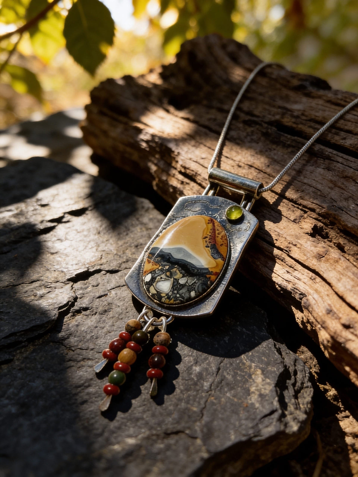 Golden Horizon, Mountain Series No. 35, one-of-a-kind Maligano Jasper sterling silver pendant by jewelry artist Christine Keller.