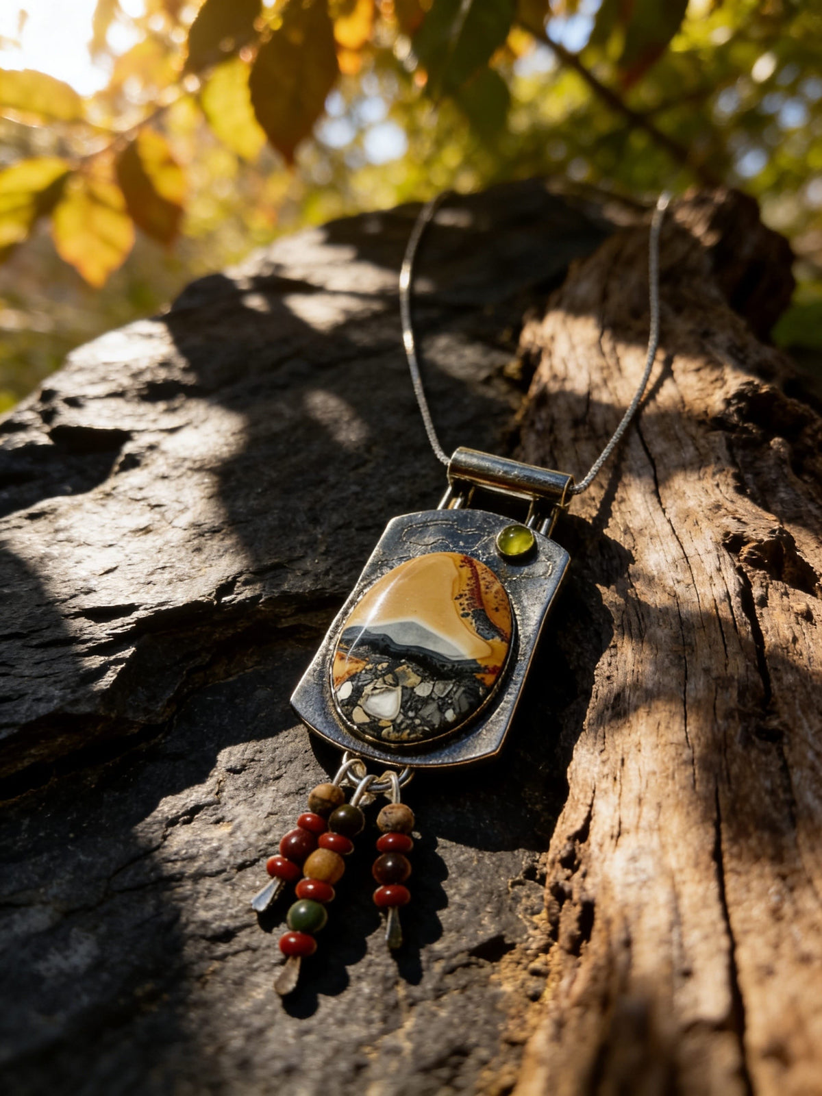 Golden Horizon, Mountain Series No. 35, one-of-a-kind Maligano Jasper sterling silver pendant by jewelry artist Christine Keller.