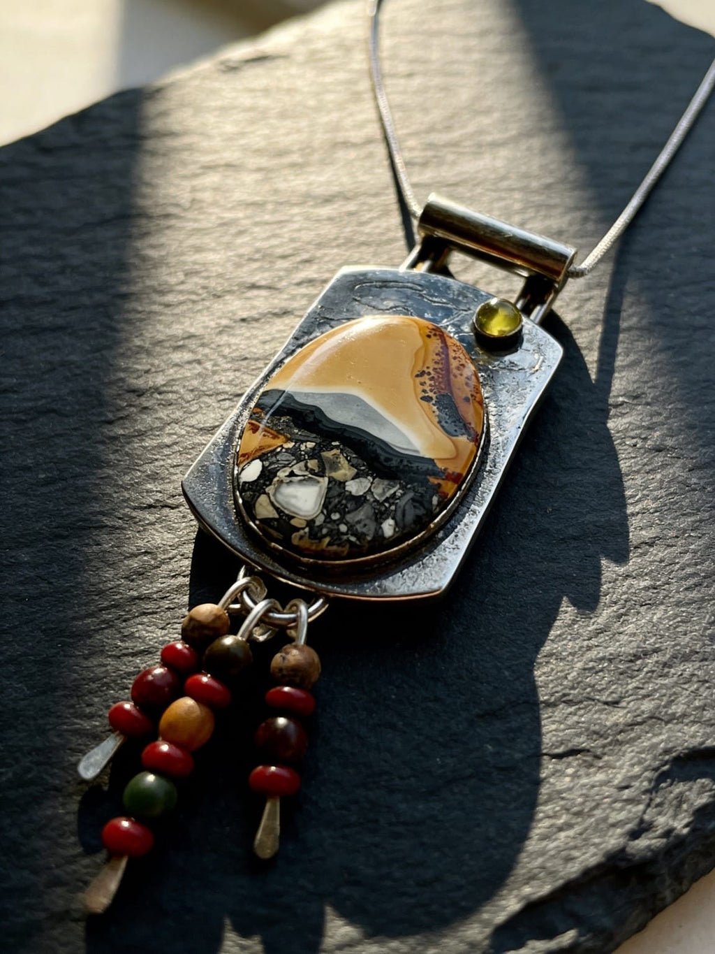 Golden Horizon, Mountain Series No. 35, one-of-a-kind Maligano Jasper sterling silver pendant by jewelry artist Christine Keller.