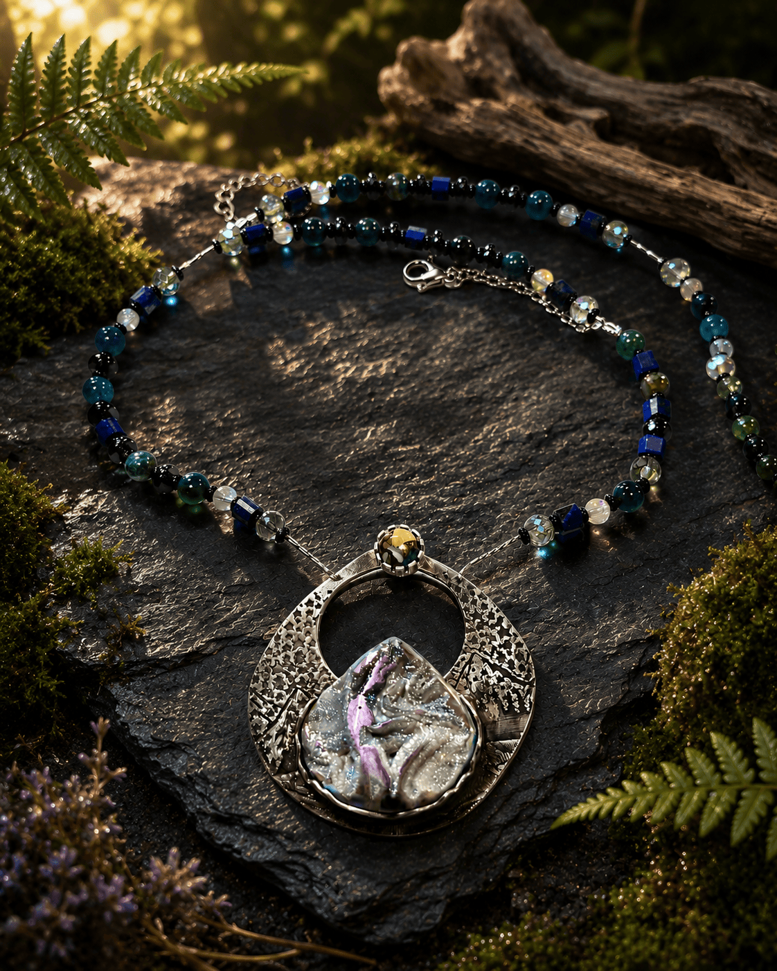 Alpenglow | One of a Kind Sterling Silver Mountain Necklace | Titanium Treated Coquina