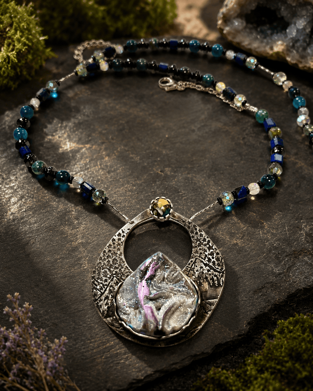 Alpenglow | One of a Kind Sterling Silver Mountain Necklace | Titanium Treated Coquina