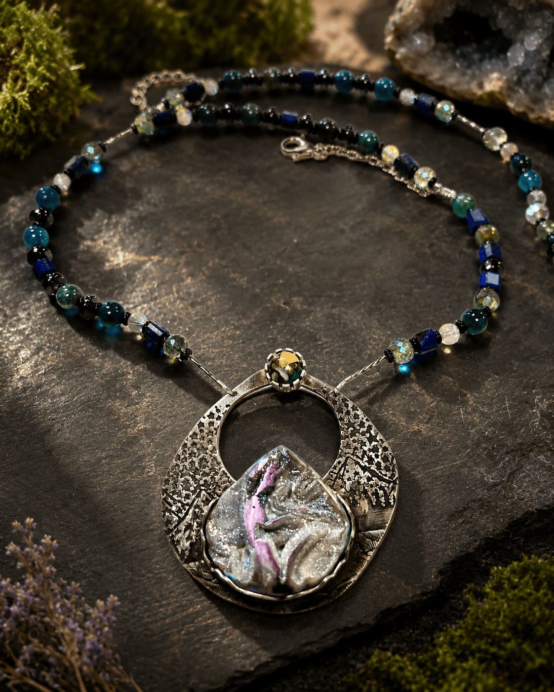 Alpenglow | One of a Kind Sterling Silver Mountain Necklace | Titanium Treated Coquina