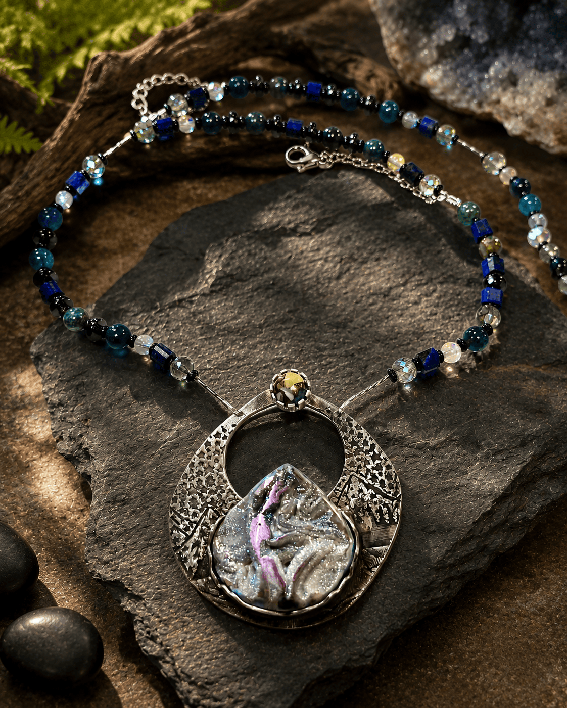 Alpenglow | One of a Kind Sterling Silver Mountain Necklace | Titanium Treated Coquina
