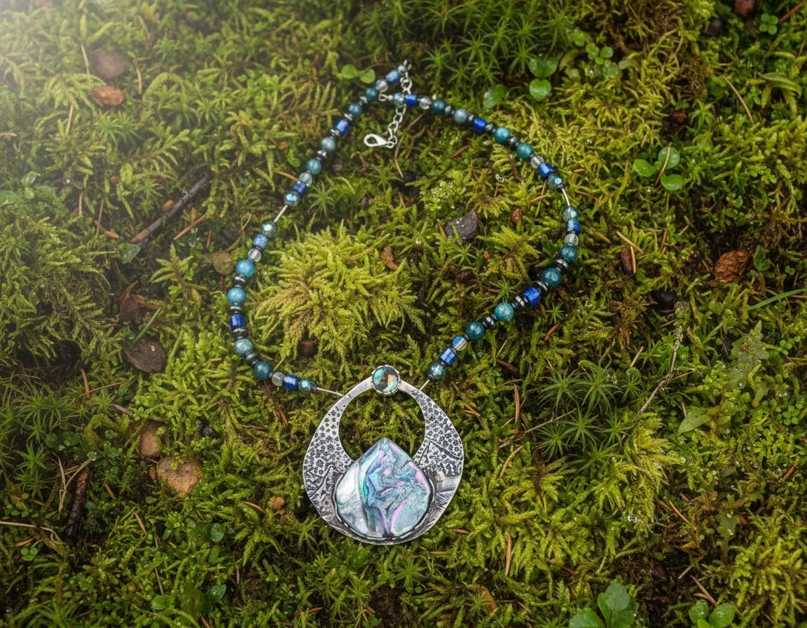 Alpenglow | One of a Kind Sterling Silver Mountain Necklace | Titanium Treated Coquina