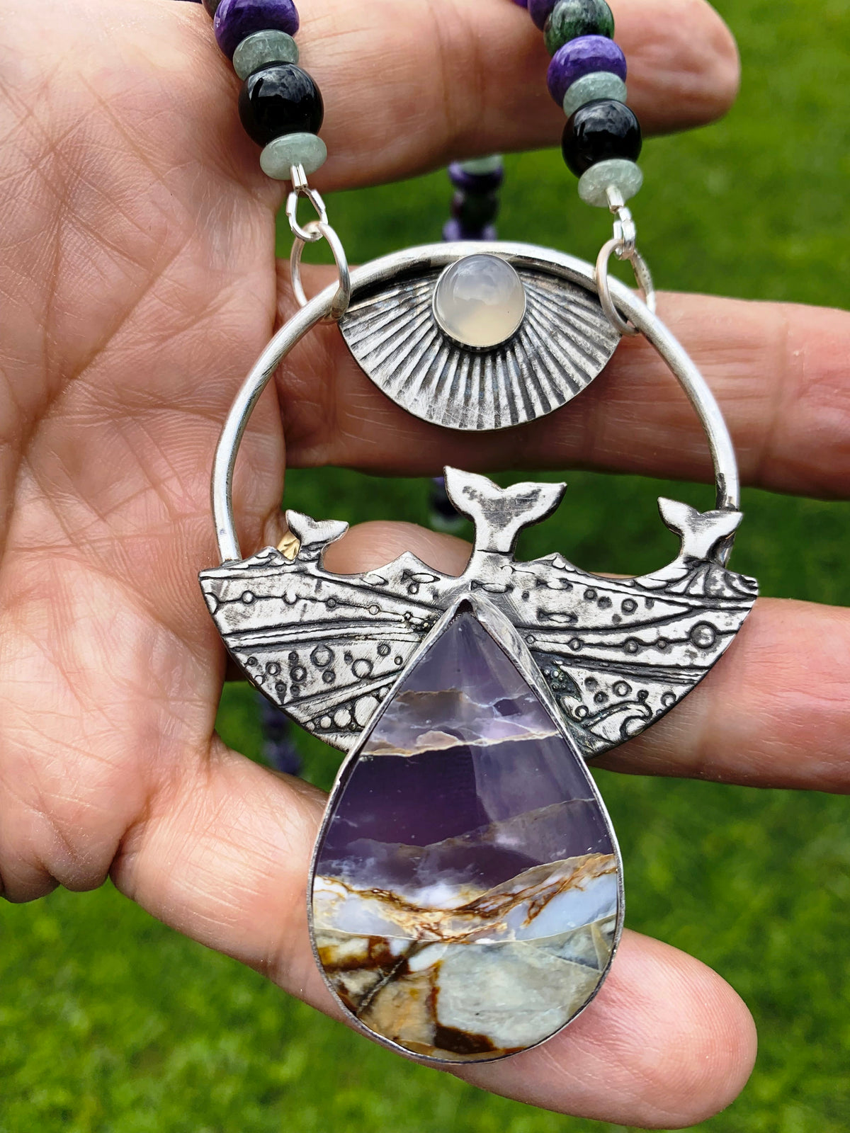 Whale’s Tails Beach Series No. 3 Purple Chalcedony and sterling silver wearable art necklace by Christine Keller