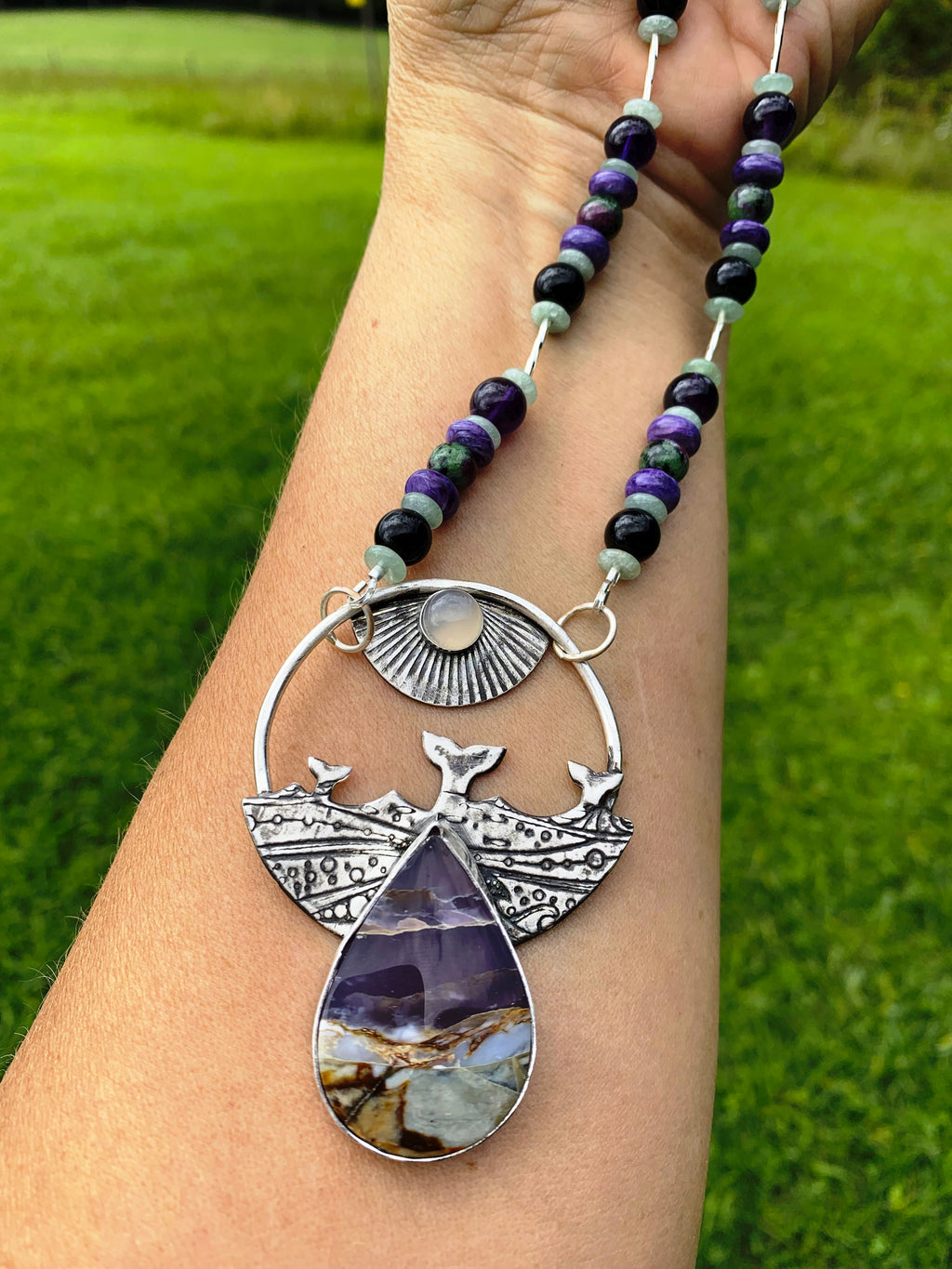 Whale’s Tails Beach Series No. 3 Purple Chalcedony and sterling silver wearable art necklace by Christine Keller