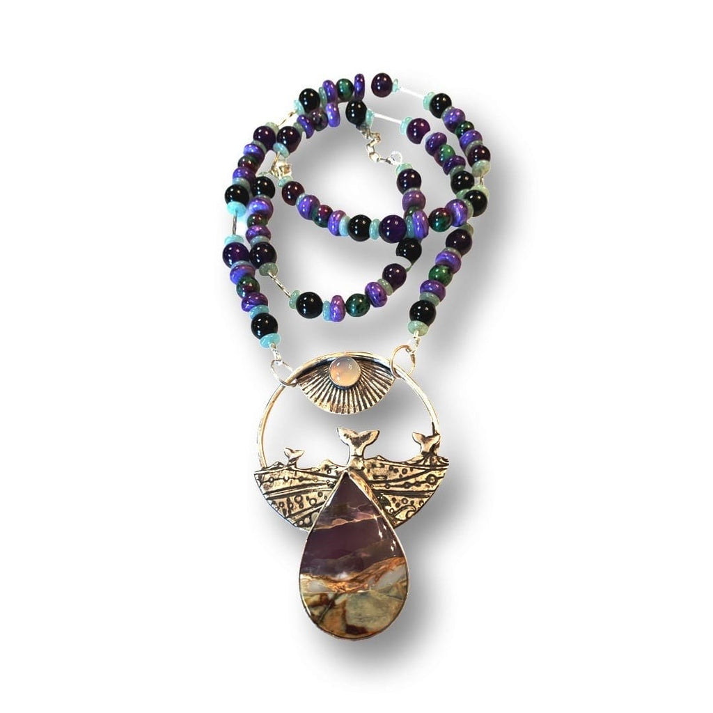 Whale’s Tails Beach Series No. 3 Purple Chalcedony and sterling silver wearable art necklace by Christine Keller